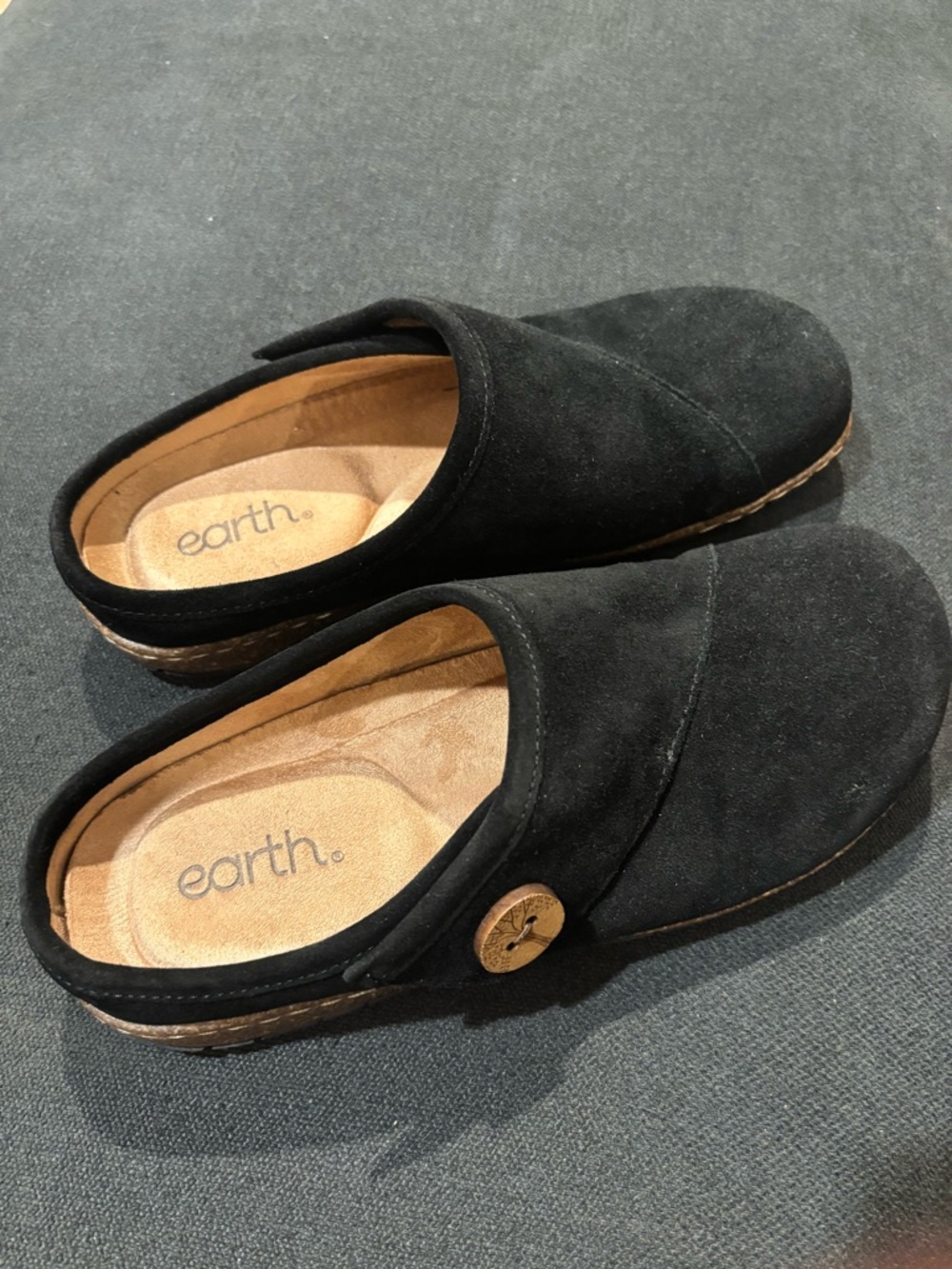 Earth Black Suede Slip-On Mules with Button Accent